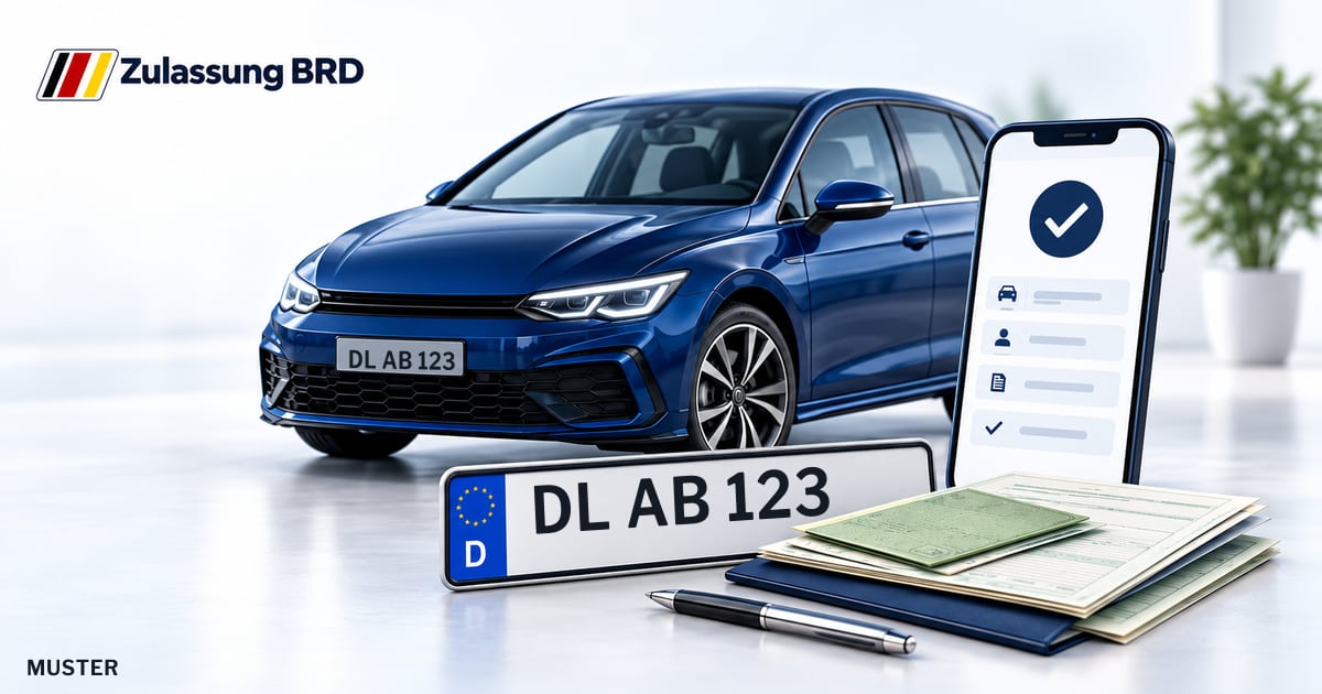 Online Fahrzeugzulassung in Mittweida: Musterkennzeichen DL AB 123, Auto und Fahrzeugpapiere und Smartphone. Illustration mit Logo von Zulassung BRD.